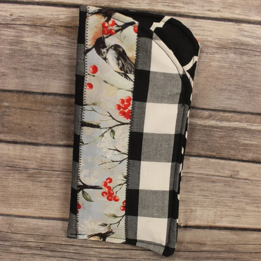 Robin Printed Black & White Buffalo Check Berries Zippered Pouch & Sunglass Case